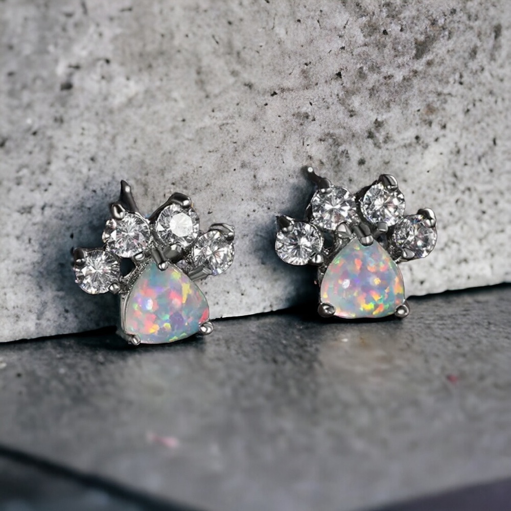Opal paw print stud earrings. New.